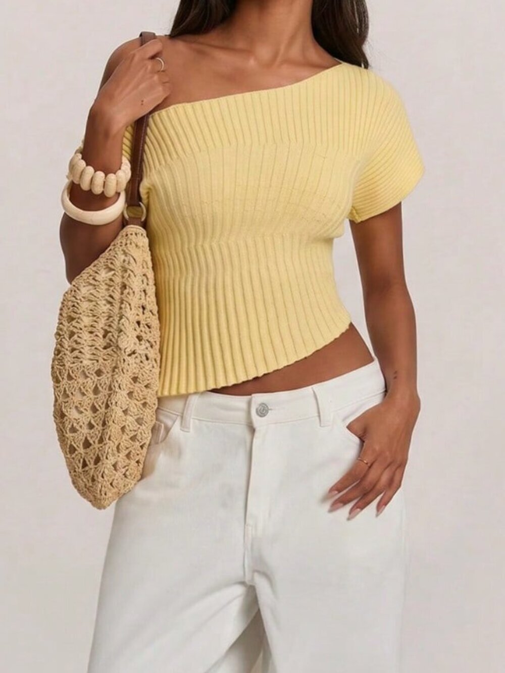 Yellow Casual Women's Asymmetrical Cropped Knit Top - Picture 3 of 7